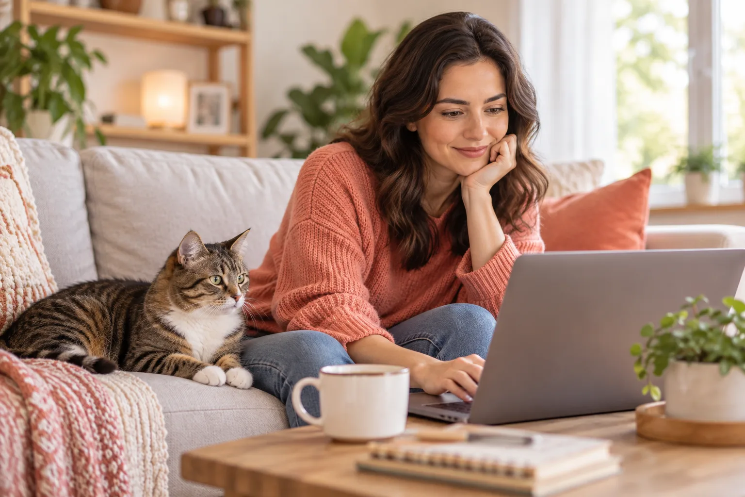 Owner using laptop on sofa beside tabby cat